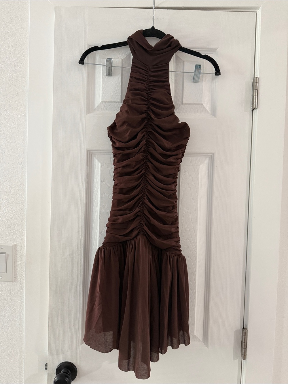 Ruched Halter Mini Dress in Chocolate Brown